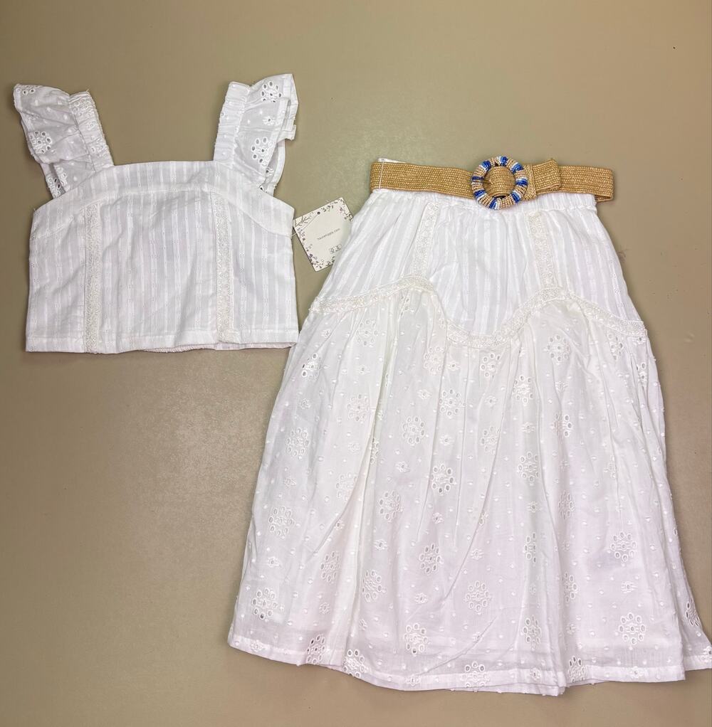 Haute Hippie Girls White Eyelet 2 Piece Crop Top Skirt Set Belt NWT Size 4